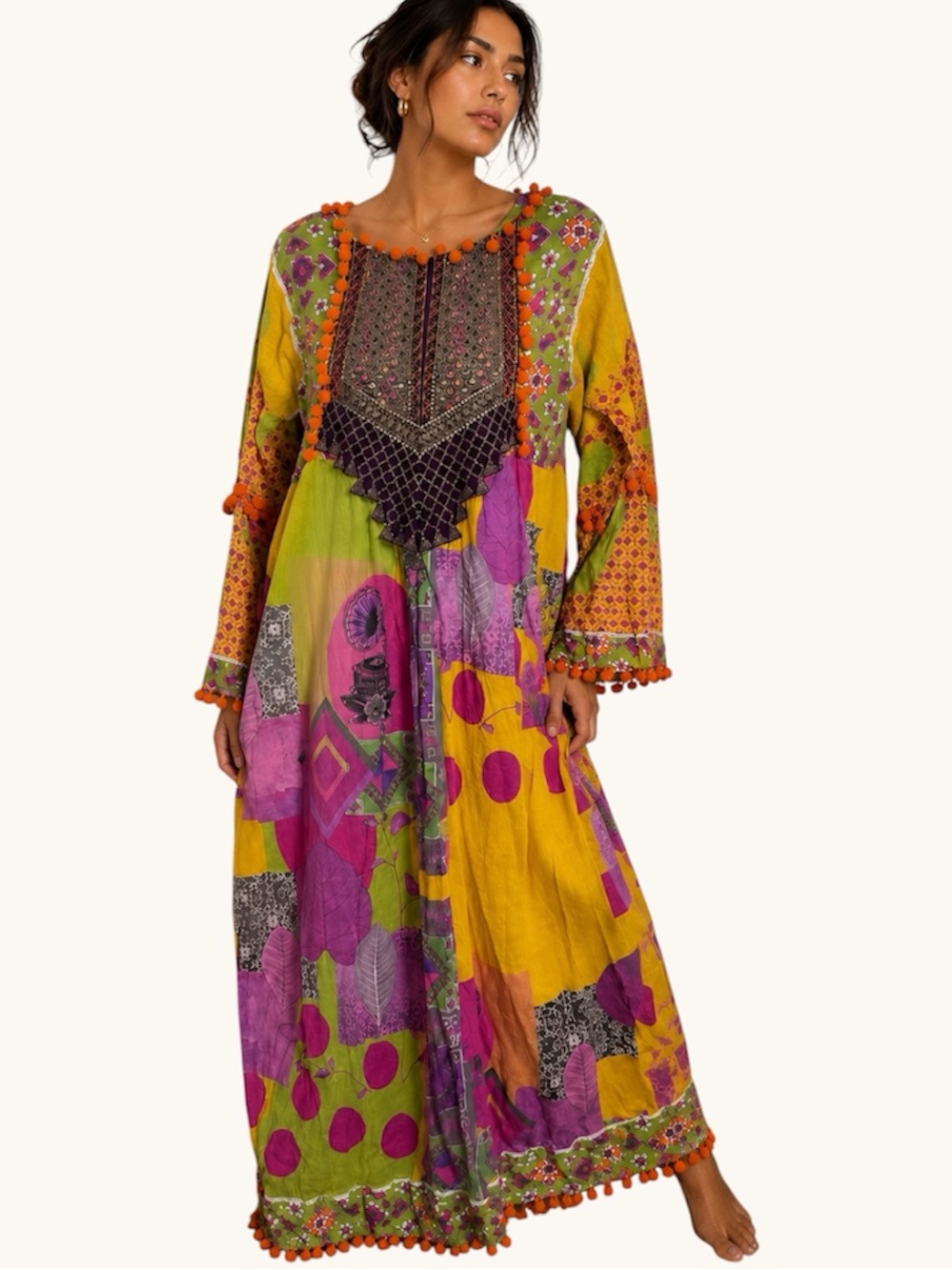 Charizma Boho Maxi Dress Colorful Pom Pom Embroidered Patchwork Kaftan Sz Large